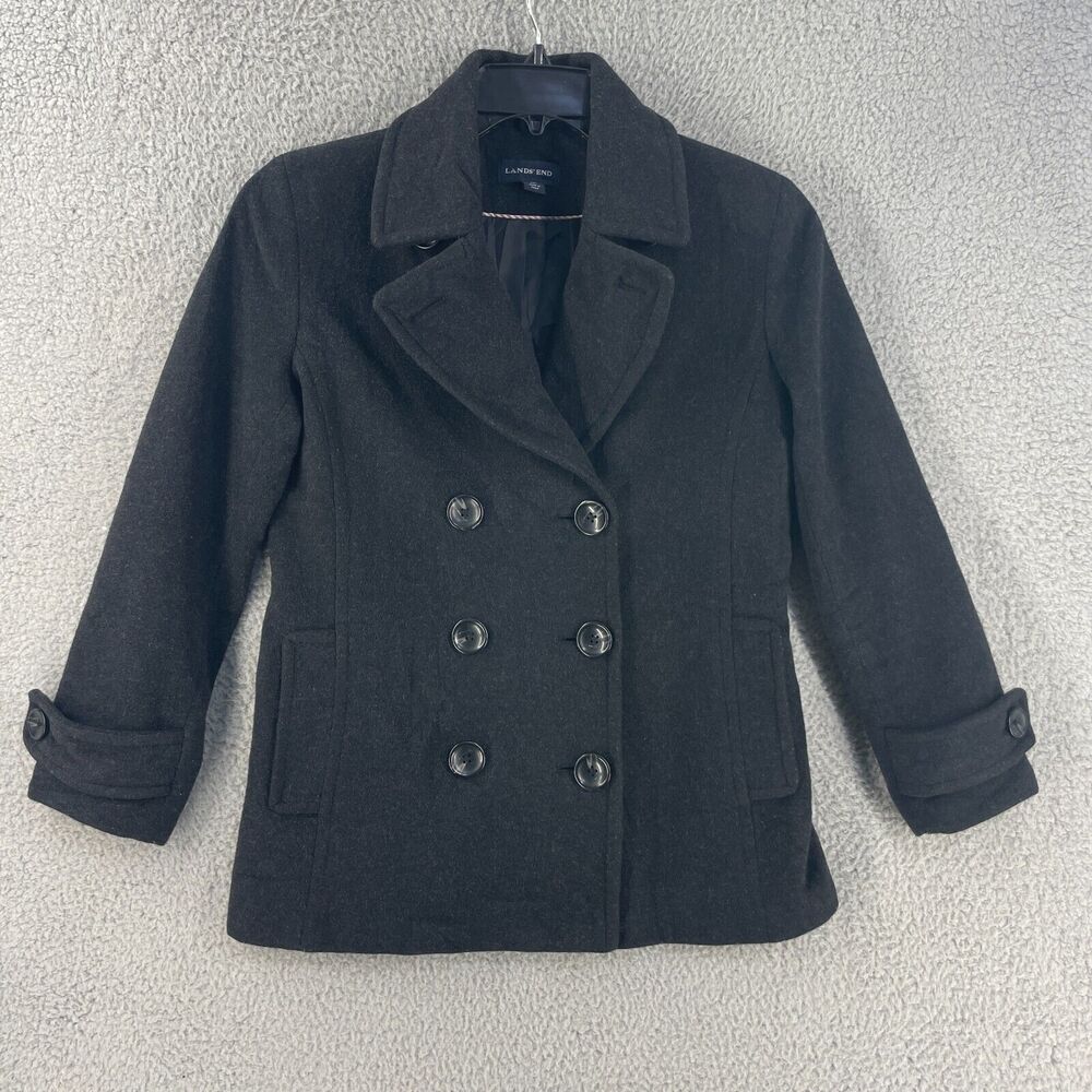 Lands End Womens Pea Coat Jacket Wool Cashmere Blend Sz 2 P Grey